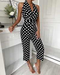 Women Polkadot Print Halter Rompers Sexy Sleeveless Backless Lace-up Calf-length Jumpsuits