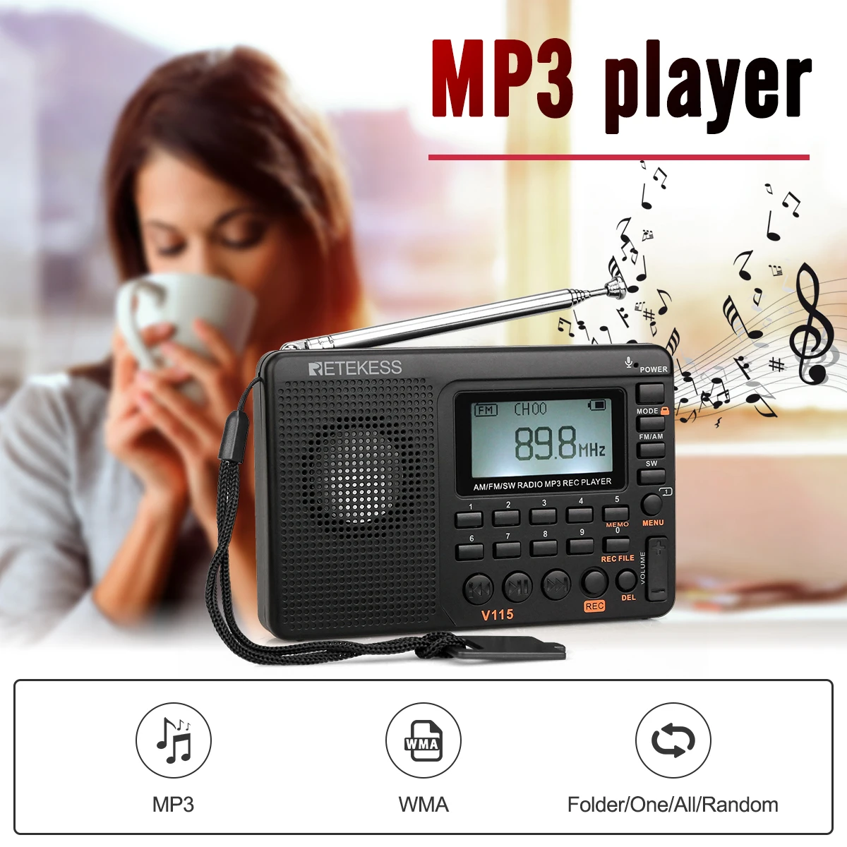 Retekess V115 FM/AM/SW Digital Radio Portable Receiver Backlight LCD Display Support TF Card REC Recorder Sleep Time