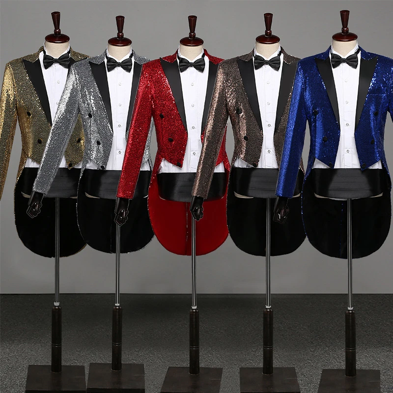 Mens Gorgeous Sequin Dress Coat Swallowtail Dinner Evening Party Wedding Blazer Suit Jacket Magic Performance Singer Stage Wear