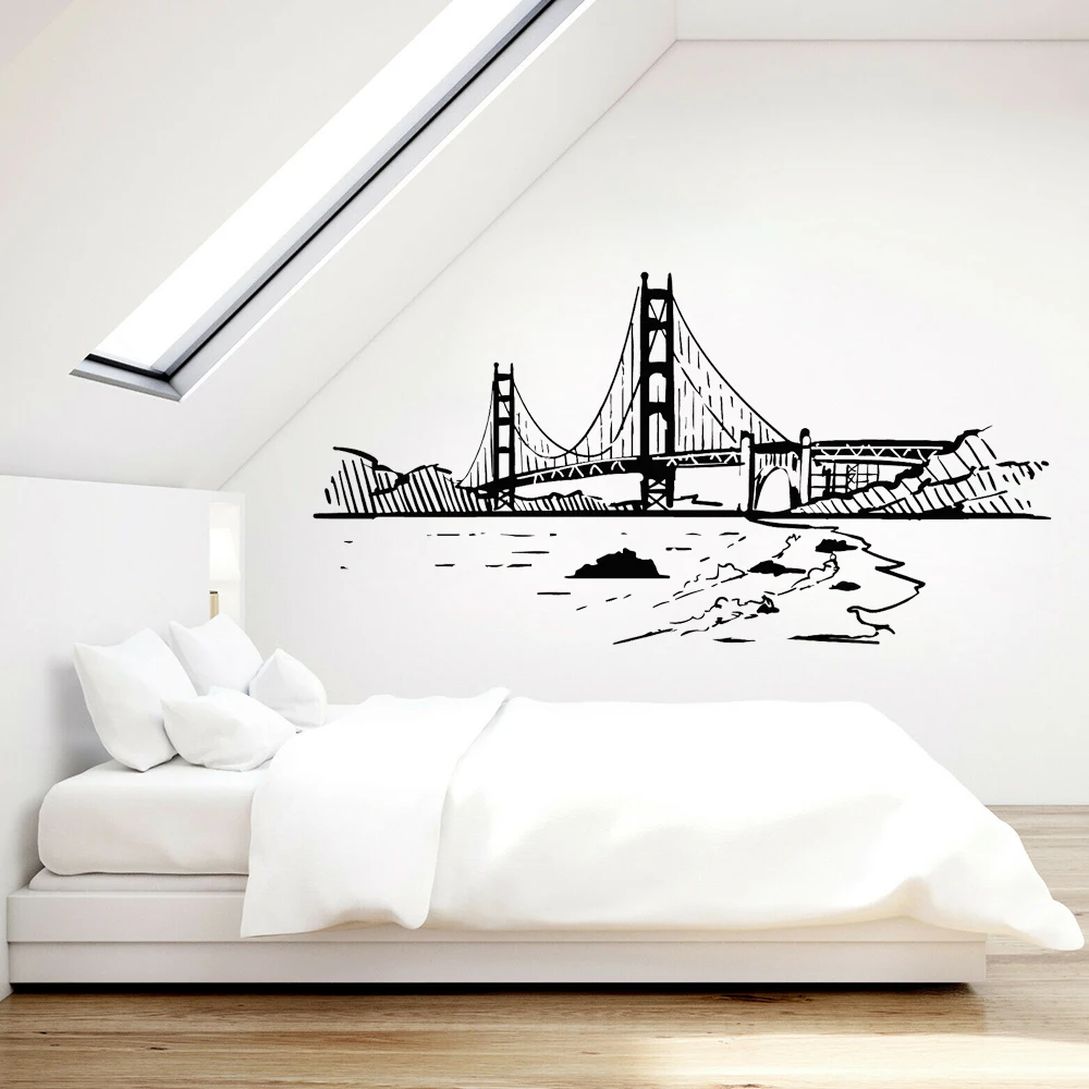 Building Vinyl Wall Decal Golden Gate Bridge Skyline San Francisco Stickers Mural City Landmark Stickers for Living Room P676