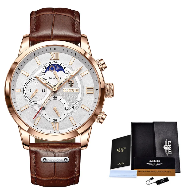 2022 LIGE New Brown Leather Mens Watch Top Brand Fashion Waterproof Watch For Men Sport Date Quartz Wirstwatch Relogio Masculino