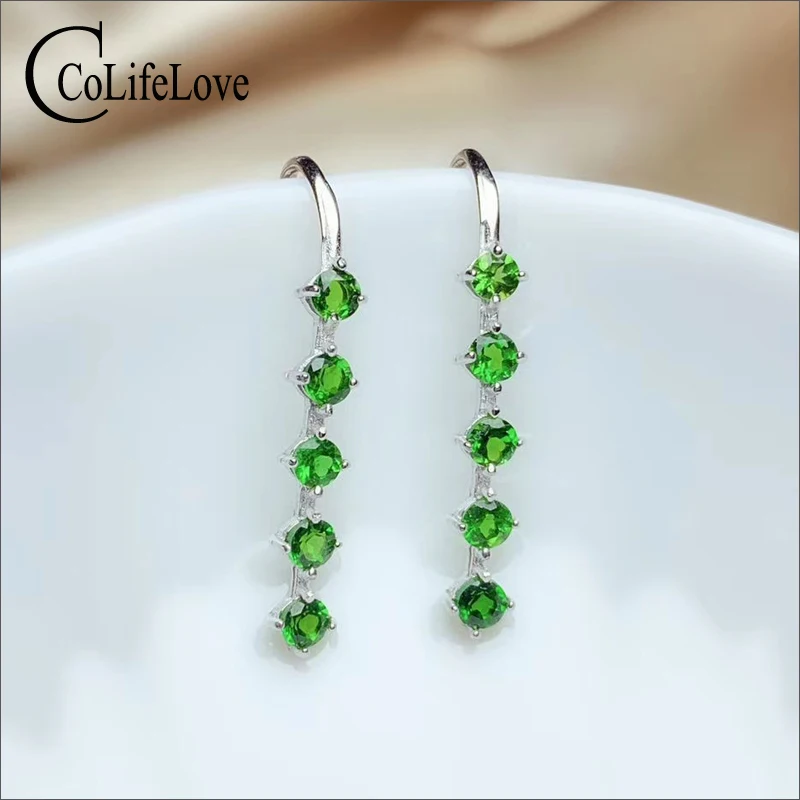 

CoLife Jewelry 925 Silver Long Drop Earring with Gemstones 10PCS Natural Diopside Eardrop for Party Real Silver Diopside Jewelry