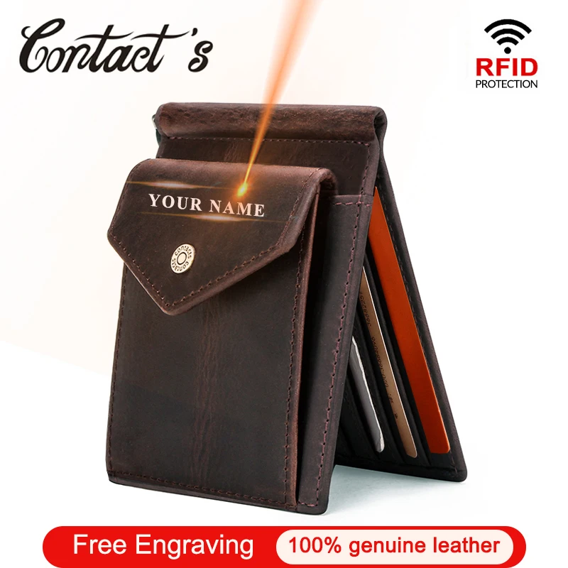 

Contact's Free Engraving Genuine Leather Card Wallet Slim Money Clip Brand Money Case with Coin Pocket Men Bifold Wallets RFID