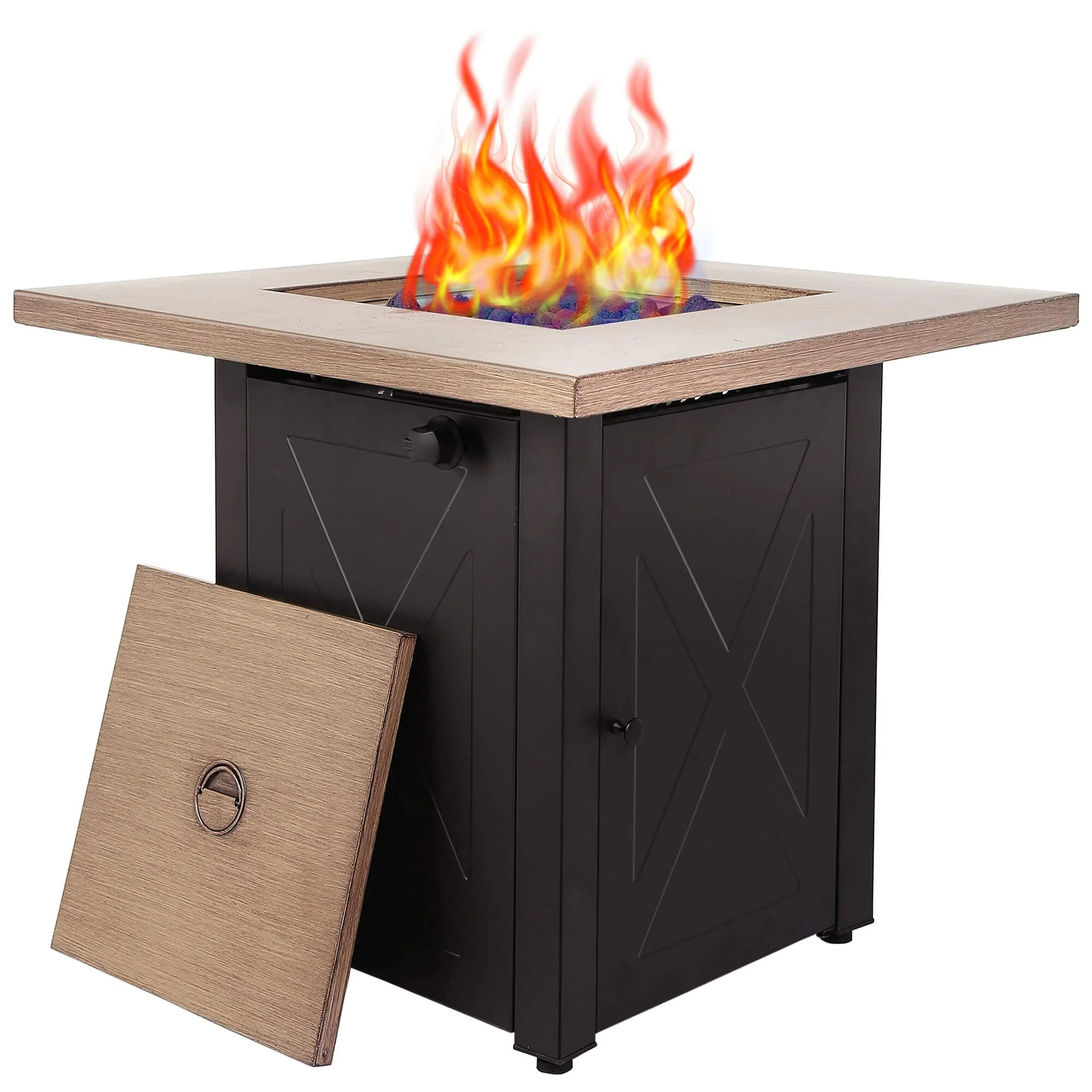 28In Outdoor Gas Fire Pit Table 48,000 BTU Square Propane Patio Fire Table ETL Certification Bionic Wood Grain Lid for Backyard