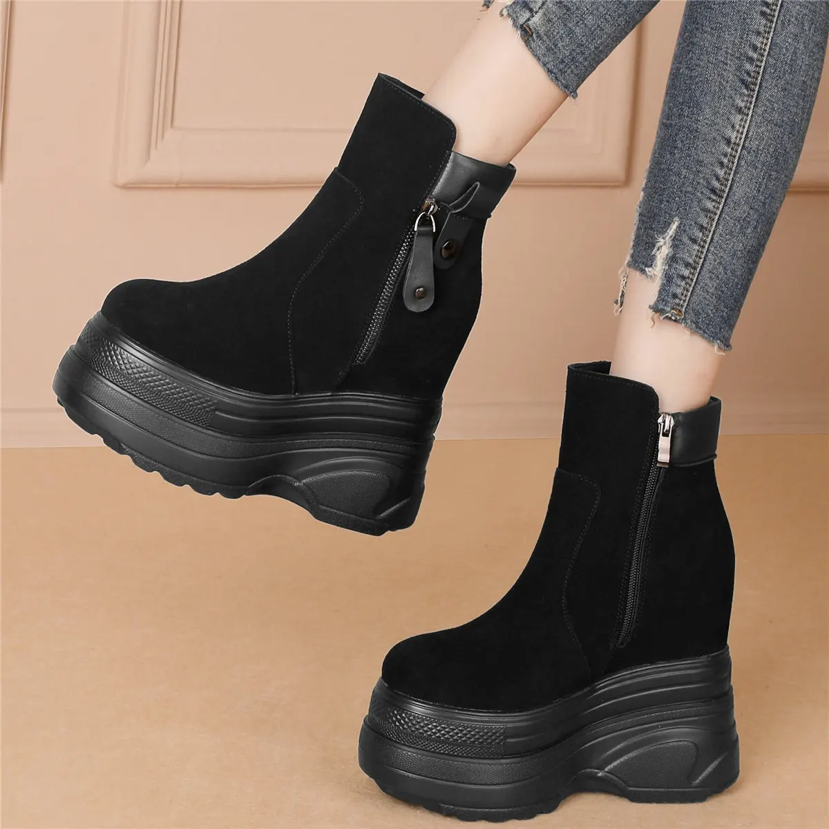 

Shoes Women Genuine Leather Hidden Wedges High Heel Snow Boots Female Winter Warm Round Toe Chunky Platform Pumps Casual Shoes