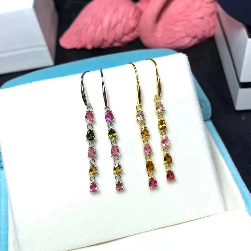 Natural Tourmaline Earrings 925 Silver Two-color Electroplating Process Women's Party Wedding Jewelry