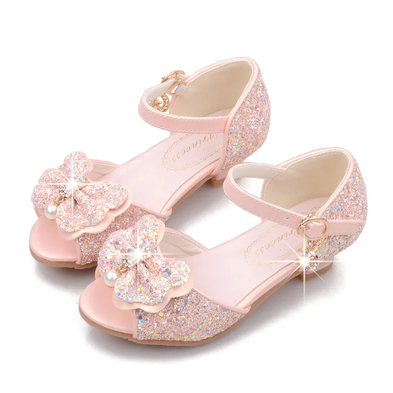 Girls Princess Shoes Shiny Children's High Heels White Show Leather Shoes New Summer Girls Bowtie Paillette Performance Sandals