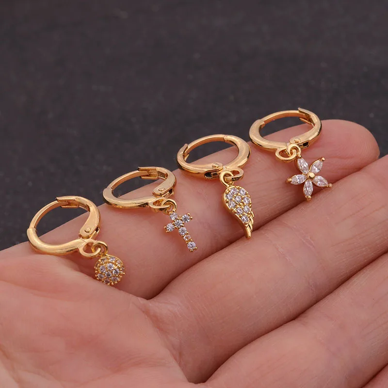 Crystal Zircon Earrings Drop Ear Buckle Micro Inlaid Sunflower Simple Piercing Korean Fashion for Women Copper Heart