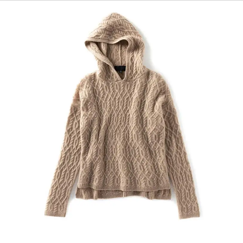 Spring fashion brand hooded collar cashmere knit sweater fashion female Twist knit long sleeve woolen tops F902 dropship