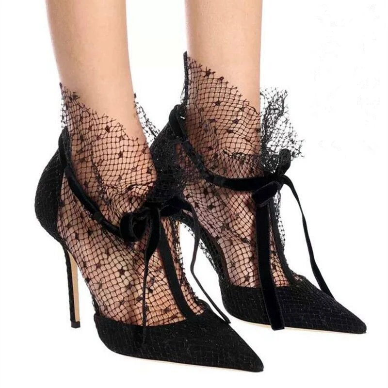 

New Fashion High Heels Pumps Women Pointed Toe Bow Tie Shoes Women Black Mesh Party Wedding Shoes Women Femmes Chaussures