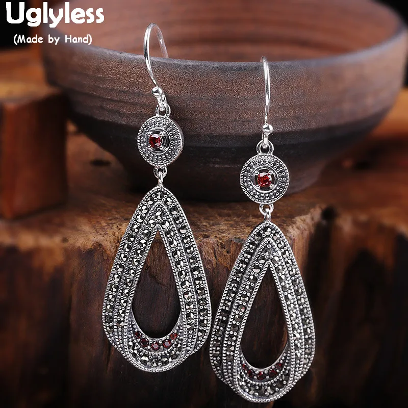 

Uglyless Vintage Marcasite Earrings for Women Hollow Water Drop Earrings 925 Sterling Thai Silver Brincos Garnet Jewelry E1525