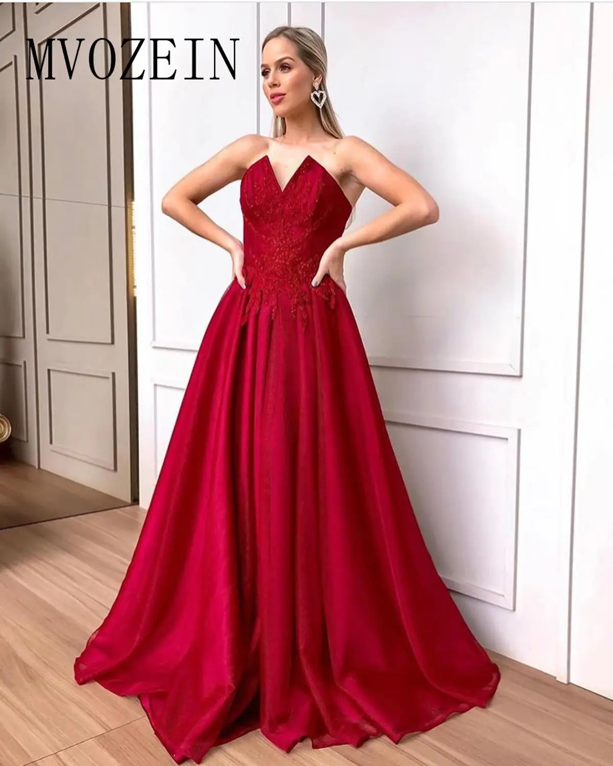 Mvozein Dark Red Evening Dress Satin A-Line Lace Appliques Special Formal Gowns Evening Dresses Long abendkleider