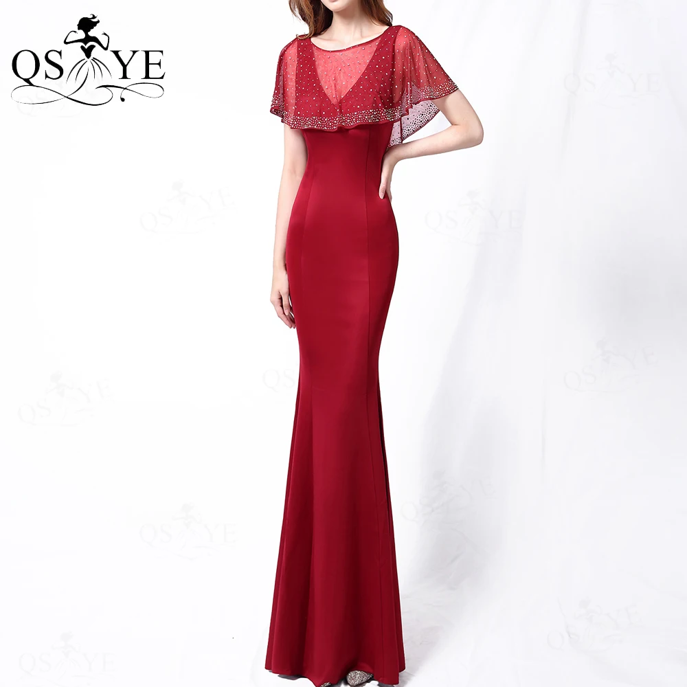 Dark Red Evening Dresses Mermaid Jacket Hot Drill Shawl Long Prom Gown Bat Sleeves Party Dress Fit Women Stretch Formal Dress