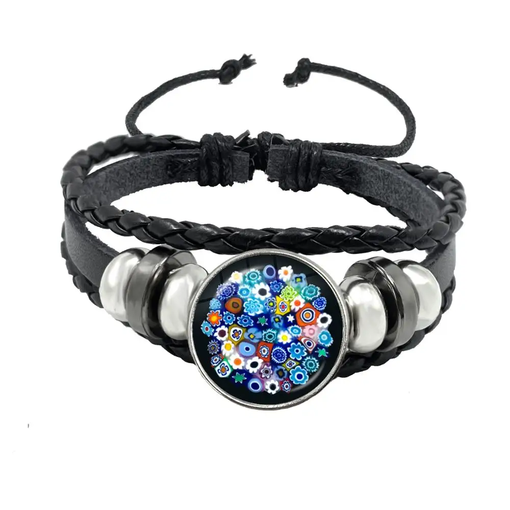 Murano Millefiori Cuff Button Bracelet MultiColour Flower Glass Cabochon Adjustable Black Leather Bangle For Women Men Gift