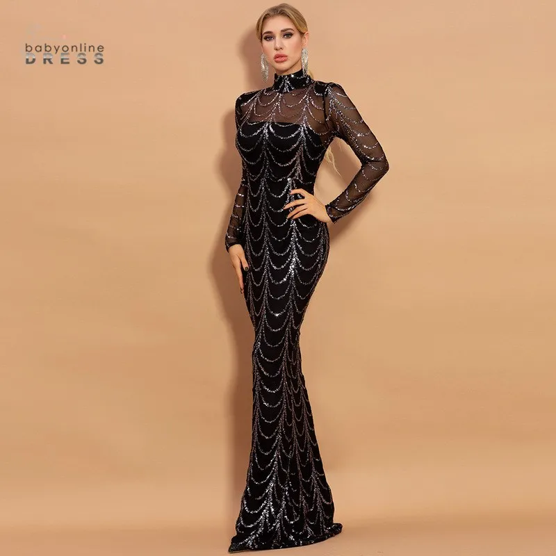 Sequins Long Evening Dress Robe de Soiree Sexy Illusion Long Sleeves Evening Prom Gowns High Neck White Black  Dress Vestido