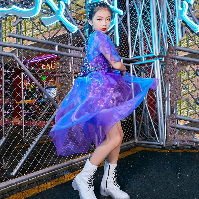 Costumes de scène à paillettes brillantes pour enfants, vêtements de performance Hip Hop, ensemble de danse jazz pour filles, sangle violette, tenue à la mode, ChRVagglom51