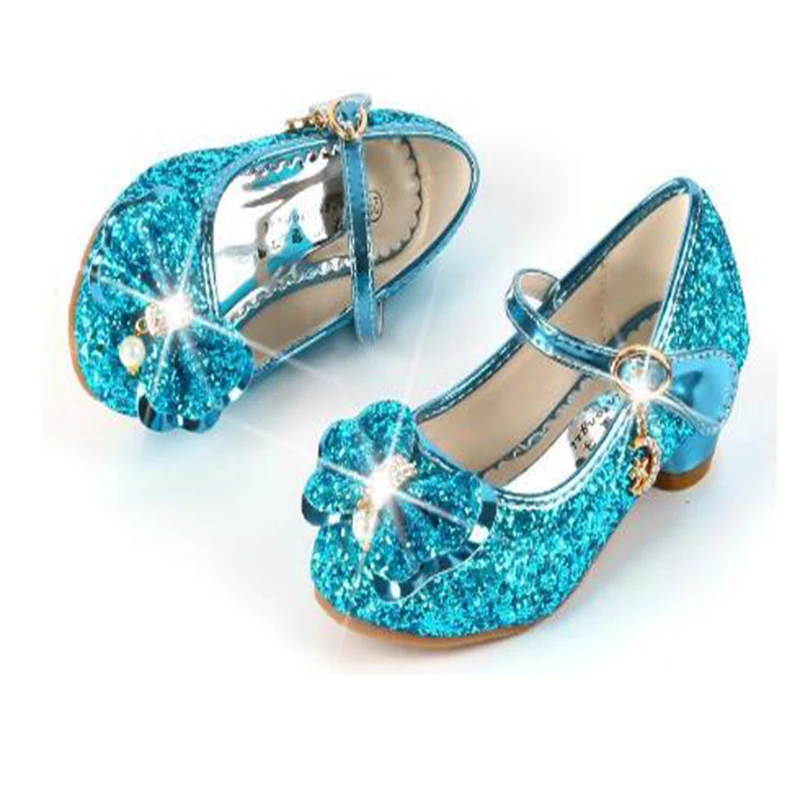 2022 Princess Kids Leather Shoes For Girls Flower Casual Glitter Children High Heel Girls Shoes Butterfly Knot Blue Pink Silver