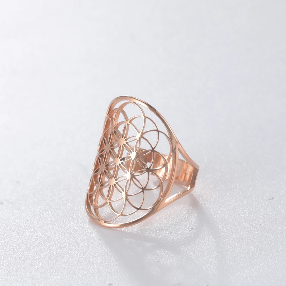 Skyrim Simple Hollow Flower of Life Ring Adjustable Gold Color Stainless Steel Finger Rings for Women Jewelry Gifts Wholesale