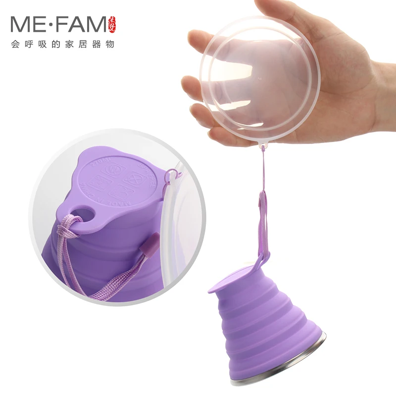 ME.FAM 270ml Stainless Steel Silicone Folding Cup With Lanyard / Dustproof Cover Lid Outdoor Coffee Cups Retractable Travel Copa