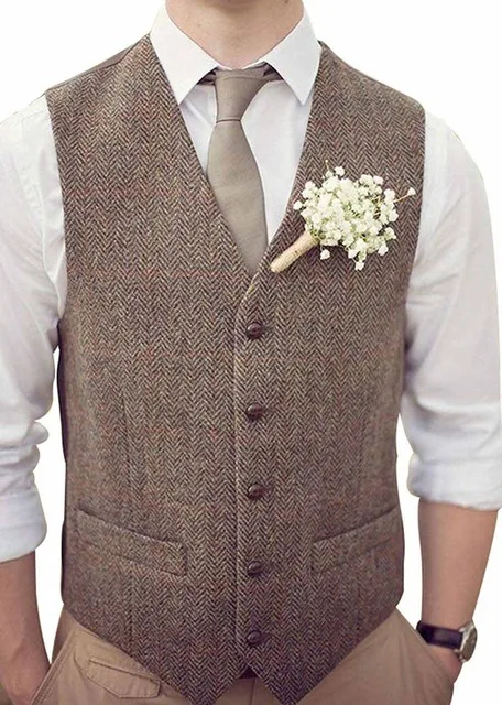 

New Men Vest Suit Brown Wedding Herringbone Tweed Business Waistcoat Jacket Formal Slim Fit Vintage Black Vests For Groomsmen