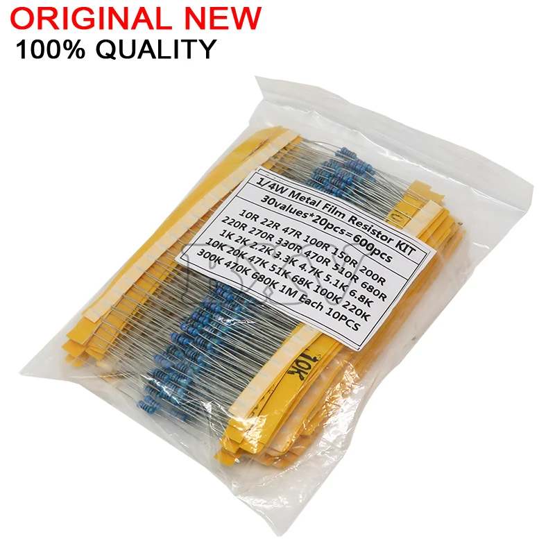 600PCS/Set 30 Kinds 1/4W Resistance 1% Metal Film Resistor Pack Assorted Kit 1K 10K 100K 220ohm 1M Resistors 300PCS/Set