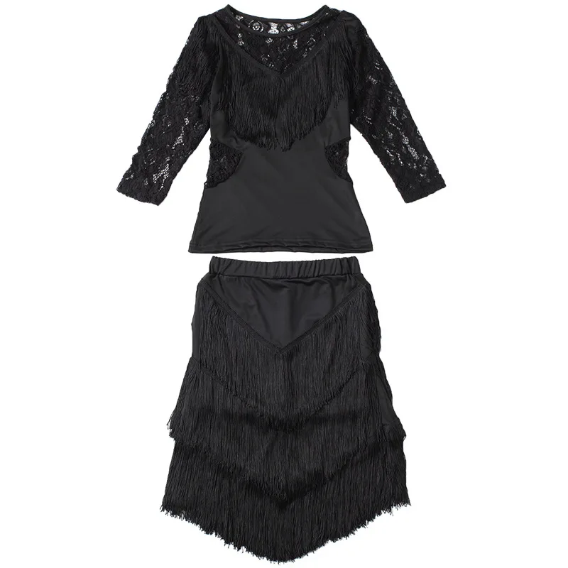 New Women Dance Clothes Salsa Samba Wear Long Sleeves Spandex 2 Pieces Fringes Latin Dresses Top and Short Skirt