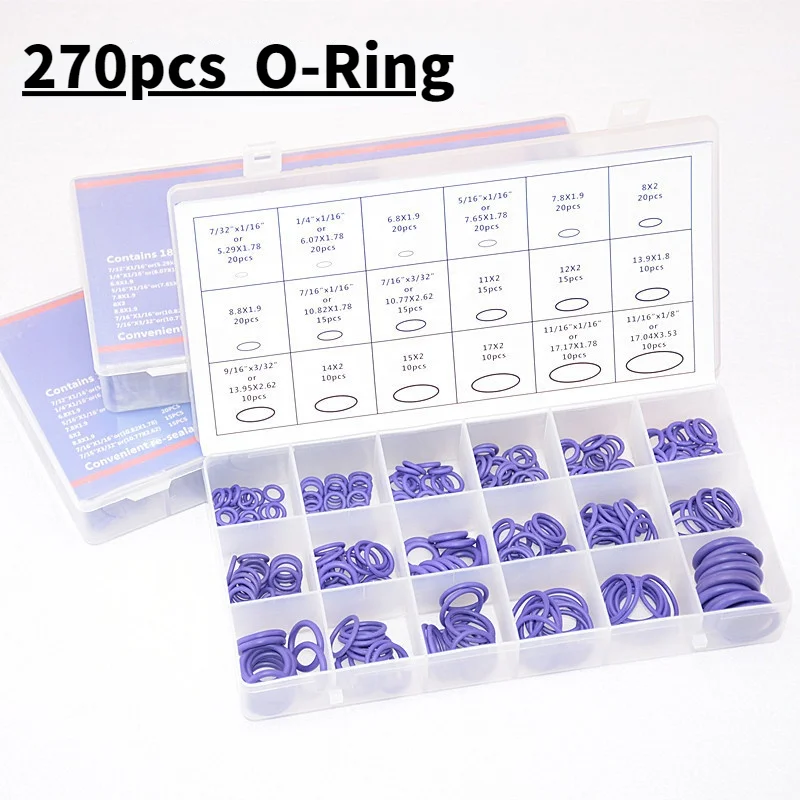 270Pcs 18Sizes Air Conditioning HNBR O Rings Car Auto Repair Tools Rubber Air Conditioning Refrigerant Ring Sets Car Tools