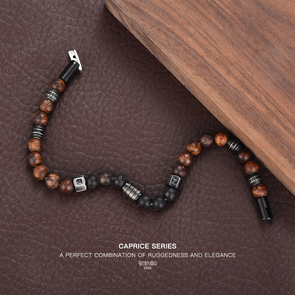 REAMOR Retro Men Bracelets Bangle Weathered Onyx Natural Stone Bracelets For Women DIY Detachable Stainless Steel Chain Bracelet