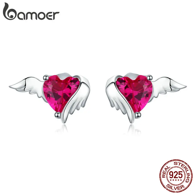 BAMOER moda argento Sterling 925 angelo e diavolo rosa CZ cuore orecchini per le donne gioielli in argento Sterling festa della ragazza