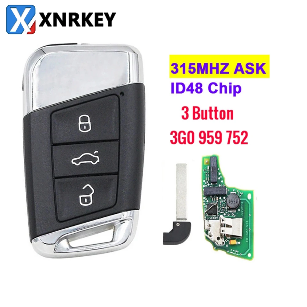 

XNRKEY 3 Button Smart Remote Car Key ID48 Chip 315Mhz FCC 3G0959752 for VW Magotan Superb A7 Passat B8 2015-2018 Car Key