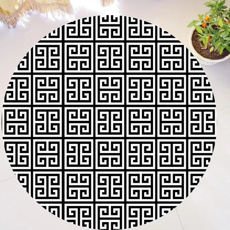 Classic Geometric Greek Key Meander Border Area Rug Carpet for Living Room Decor Non Slip Round Rugs for Bedroom Floor Mat Chair