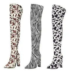 Black Brown Zebra Print Microfiber Women Over the Knee Boots Short Plush Women Winter Long Boots Pointed Toe Square Heel Shoes