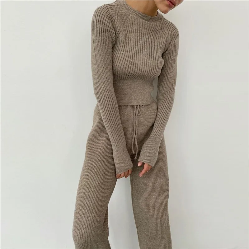 Women's Knitted Sweater Spring Autumn Two Piece Sets Casual Long Sleeve Round Neck Striped Suit Top+wide Leg Pants Outfits