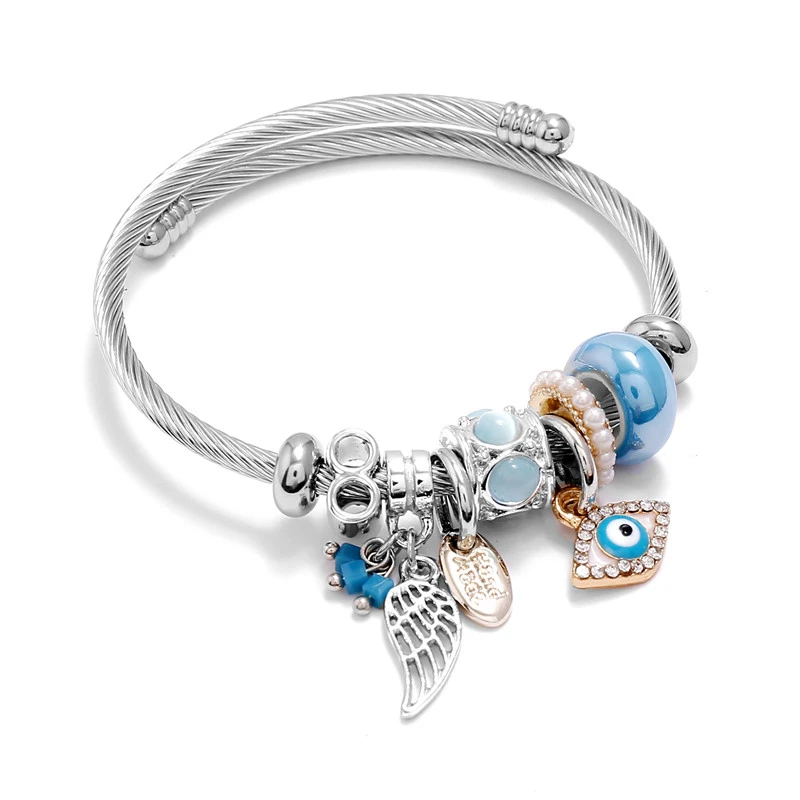2020 New Women's Bracelet Jewelry Stainless Steel Wire Evil Eye Wing Charms Cuff Bracelets Bangles Silver Color Ethnic Armband