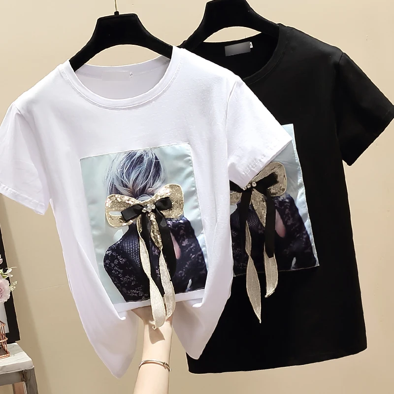 

gkfnmt Women Summer T Shirts Tops O Neck T-Shirt Cotton Tshirt White 2021 Diamond Bow Black Short Sleeve Vetement Femme