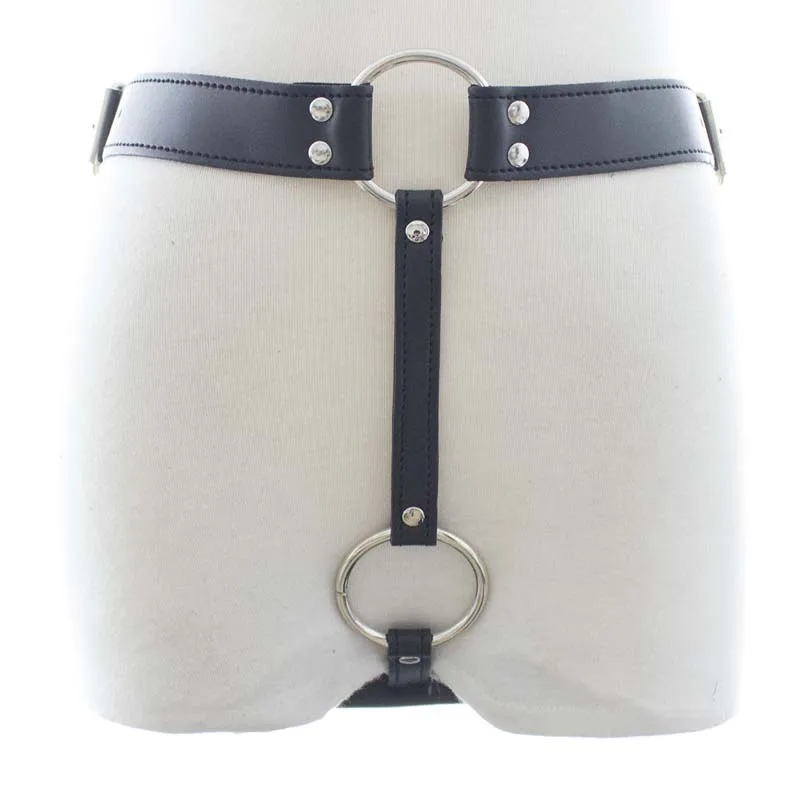 Male Faux Leather Strap Butt Plug Panel G-String with Penis Ring and Adjustable Buckle Erotic Underwear for Male
