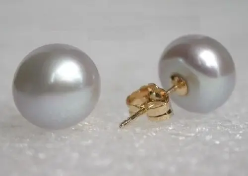 free shipping A pair of natural AAA+ 9-10mm south seas gray pearl earrings 14k/20 Gold