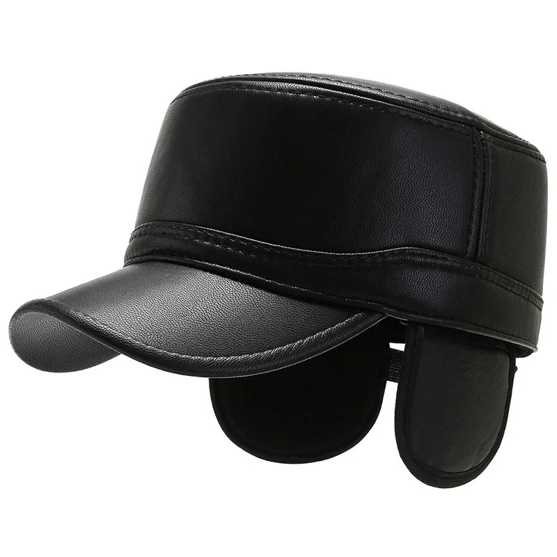 Winter Hat Men Warm Thicken Pu Leather Military Hats For Man Flat Top Snapback Hats With Ear Flaps Outdoor Caps Hip Hop Hats