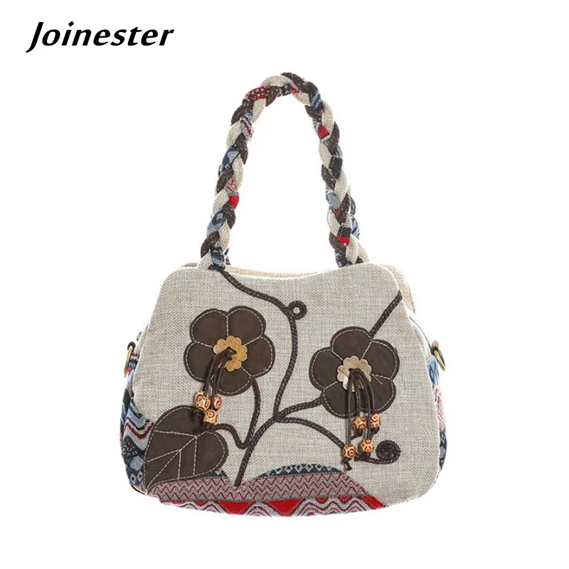 

Ethnic Style Women Linen Handbags Braided Handle Retro Totes for Ladies Functional Messenger Bags Female Purses and Clutches