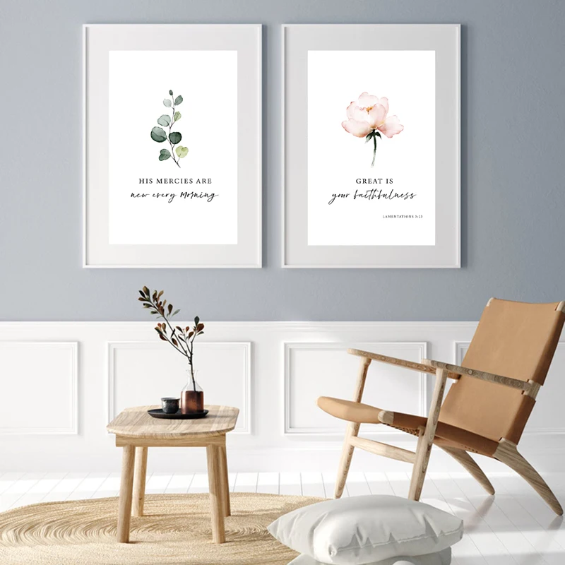 Lamentations 3:23 Bible Verse Watercolor Flowers Painting Canvas Prints Scripture Quotes Poster Bedroom Wall Art Pictures Decor