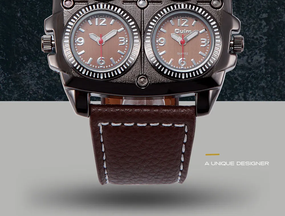 Oulm Men's Watches Two Time Zone Army Pilot Style Watch Big Size Military Quartz Clock Male Leather Strap Wristwatch