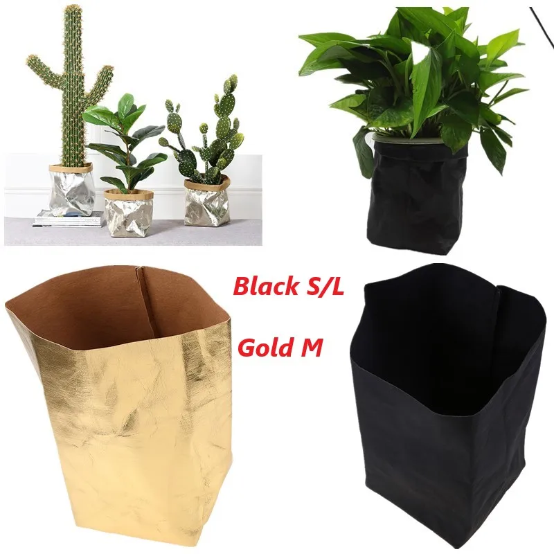 Kraft Paper Bag for Home Storage, Waterproof Flower Pots, Reuseable Sundries Container, Gold and Black, Home Decoration