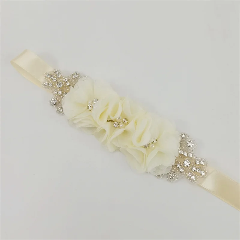 Pearl Rhinestone chiffon fabric flower Bride Belts with Long Polyester Ribbon Girls Wedding Sashes Floral Belt Dress Decor