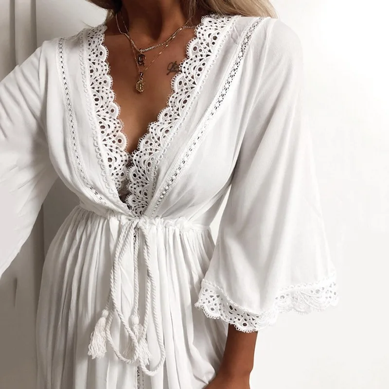 Womens Long Robe Beach Cardigan Dress Soft Sexy Hollow Out Lace Tie Up Waist Slim Fit Casual Loose Summer Dress Maxi Female