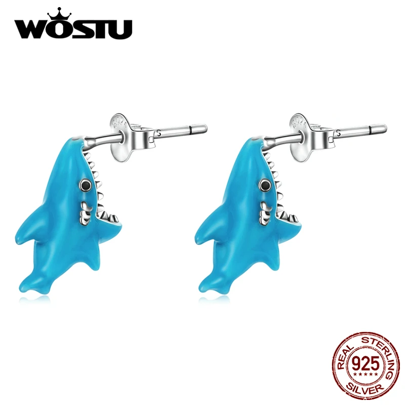 WOSTU 2021 925 Sterling Silver Funny Blue Animal Shark Stud Earrings For Women Fashion Jewelry Gift CTE563