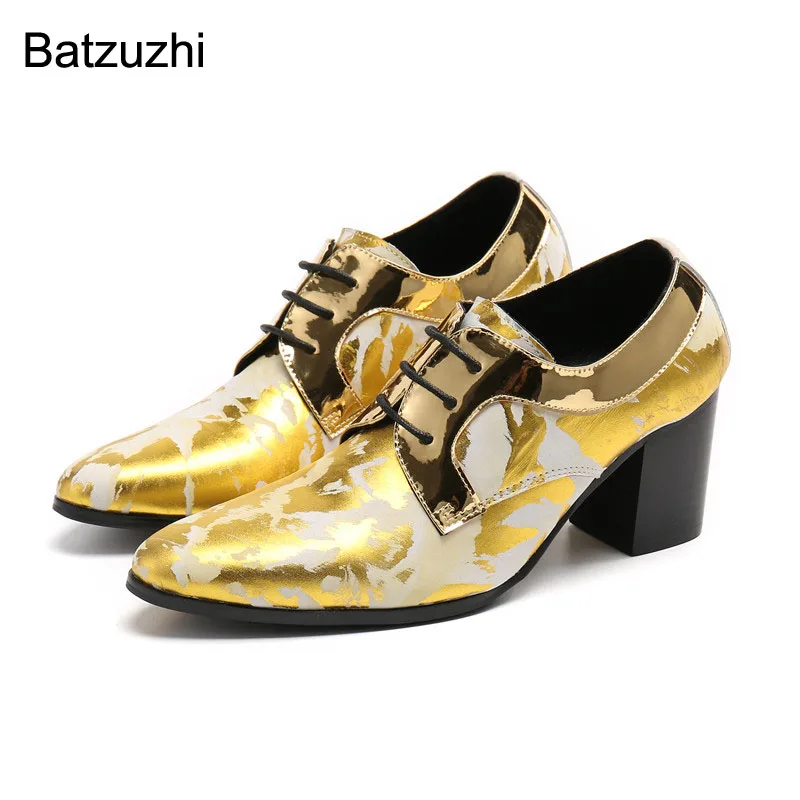 

Batzuzhi Western Fashion 7.5cm High Heels Men's Shoes Pointed Toe Golden Leather Ankle Boots Men Lace-up Shoes for Party/Wedding