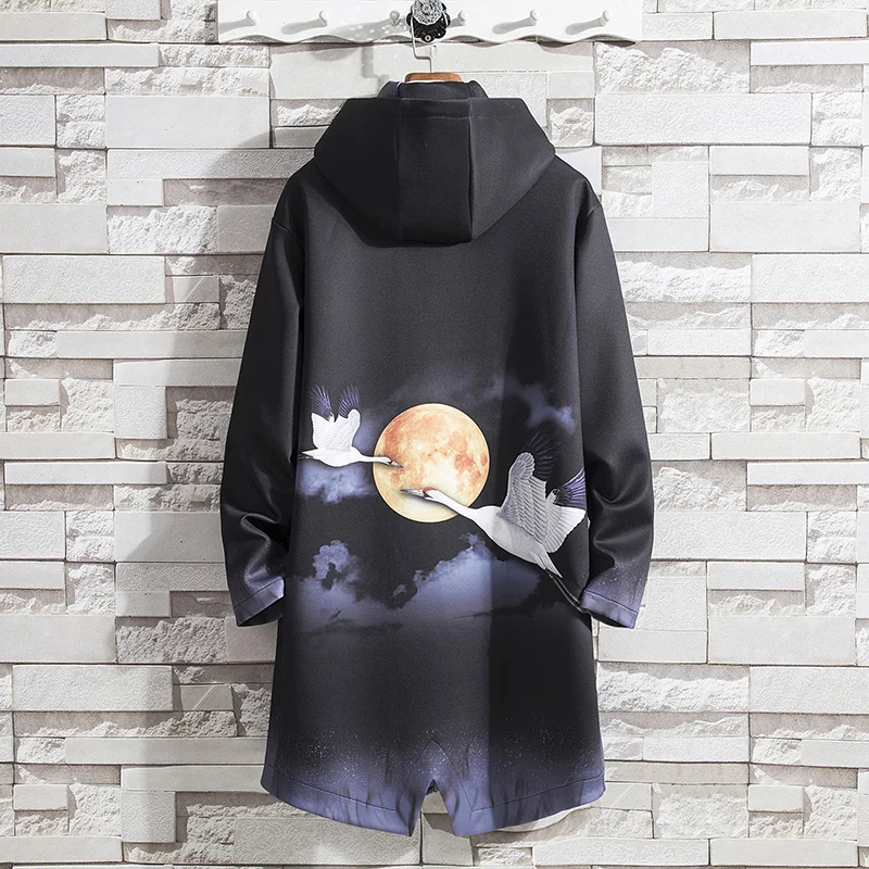 Autmn Trench Coat Men Hooded Casual Long Jacket Retro Fashion Print Animal Trench Men Dragon Streetwear Overcoat Male Youth New