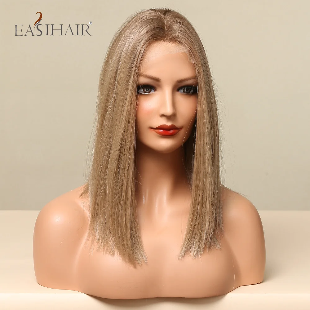 EASIHAIR-peluca sintética de corte medio para mujer, cabellera con malla frontal recta, color rubio dorado, parte media, alta densidad, resistente