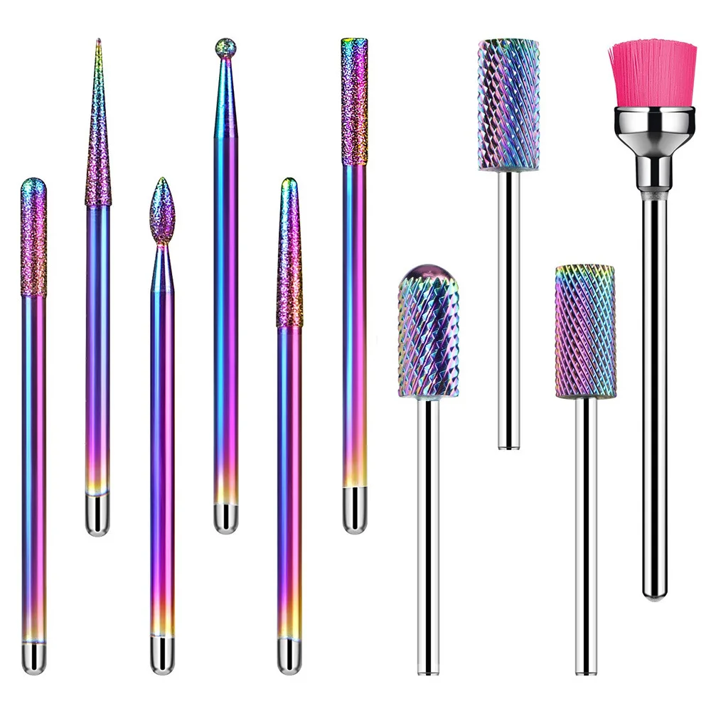 10Pcs kit Diamant Fräser Hartmetall Nagel Bohrer set regenbogen SS Für Elektrische polnischen Maniküre Maschine Zubehör Wolfram