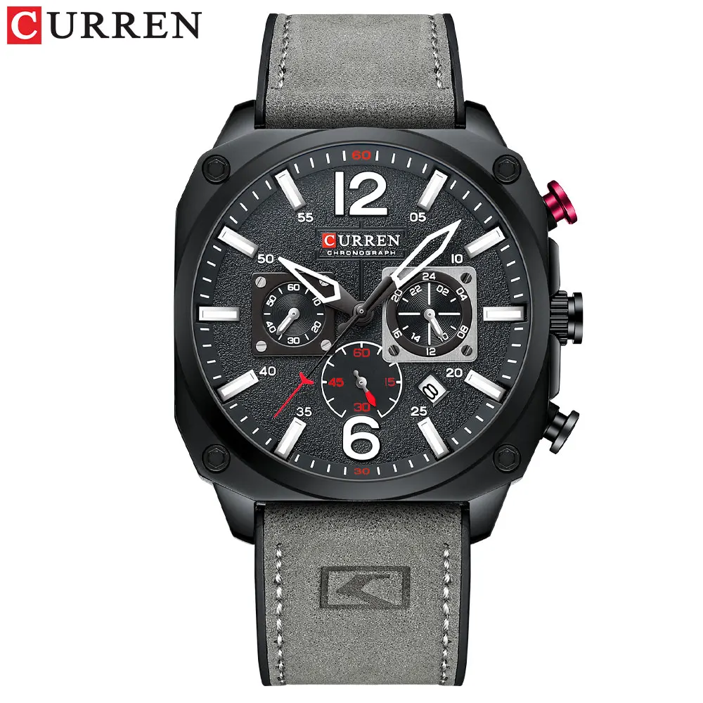 CURREN 8398 Fashion Water-resistant Men's Watch, Six-hand Calendar Quartz Wristwatch with Leather Strap